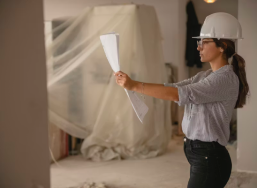 Woman Wearing a Hardhat in a Commercial Office Building Under Construction